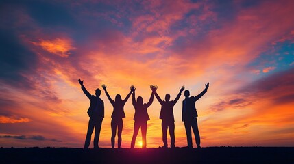 Fototapeta premium Silhouetted Business People Raising Hands Against a Sunset Sky