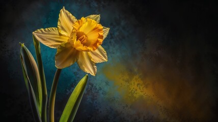 Yellow daffodil flower standing alone on a colorful dark background © Olga