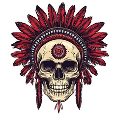 Obraz premium Skull in a Native American Headdress with Red Feathers
