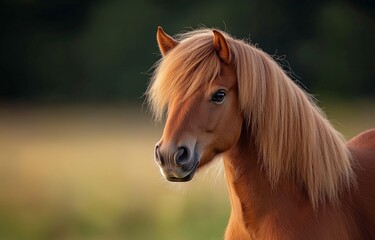 Obraz premium close-up portrait of a chestnut horse with a flowing mane, standing gracefully in a sunlit field.
