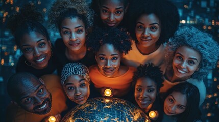A diverse group of people of different ages and cultures standing together on a digital globe, each holding a lit candle, symbolizing unity and hope for democracy