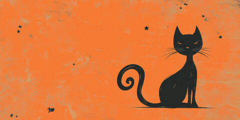Vintage Halloween background with black cat silhouette and scattered dust, copyspace 
