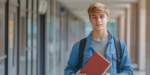 A young student stands in a school corridor, holding a book and wearing a backpack, ready for learning and new experiences.
