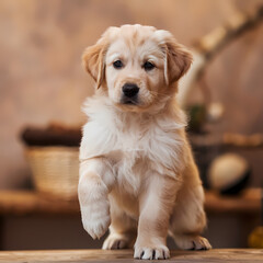A golden retriever puppy stands adorably on a wooden table, showcasing its playful and curious nature.