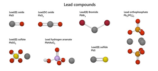 Compilation of various Lead (P) compounds: oxide, bromide, orthophosphate, sulfate, hydrogen arsenate, sulfide. 3d illustration. Isolated on white background.