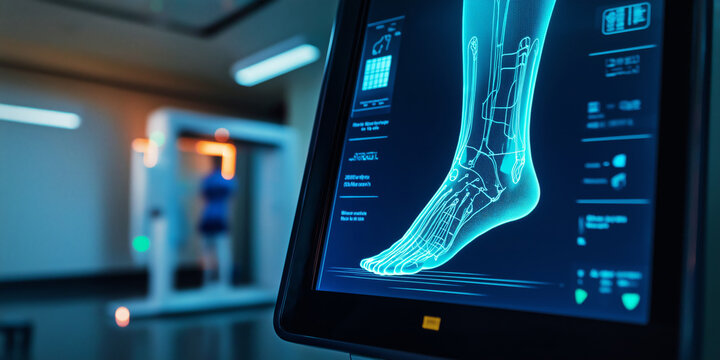 Close-up of a foot scanner analyzing a person's flat feet, with a digital screen displaying the results.