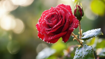 A blooming red rose with morning dew, a symbol of purity and passion.