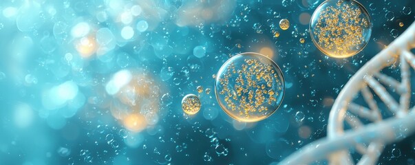 Abstract blue background with transparent bubbles and DNA strand for science and innovation themes