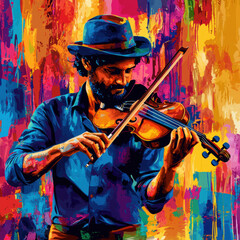 A passionate musician plays the violin against a vibrant, colorful abstract background, blending music and art harmoniously.