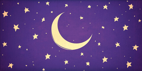 Naklejka premium A crescent moon surrounded by stars, minimal vector style illustration, purple background
