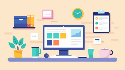 Fototapeta premium Modern workplace with computer, decorative plants and neatly organized office supplies.