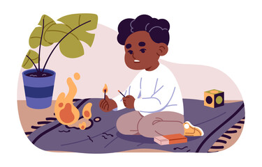 Naughty kid holds burning matches. Child plays danger games with fire indoor. Careless little boy with matchbox has fun with flaming matchsticks. Flat isolated vector illustration on white background