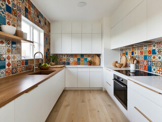 A minimalist kitchen with Scandinavian design, featuring vibrant multicolored tiles as a backsplash