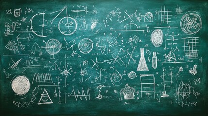 A classic green chalkboard is densely packed with white chalk illustrations of various scientific concepts, geometric shapes, and mathematical formulas, giving a scholarly vibe.