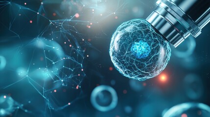 A high-tech microscope capturing the process of gene splicing in a fish embryo, with data analytics and 3D projections of genetic structures in the background"