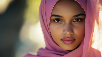 Portrait of a young woman wearing a pink headscarf, looking empowered, natural sunlight