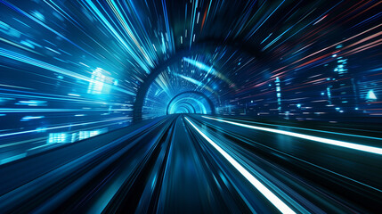 A high-speed journey through a futuristic digital tunnel with vibrant blue light trails and motion blur