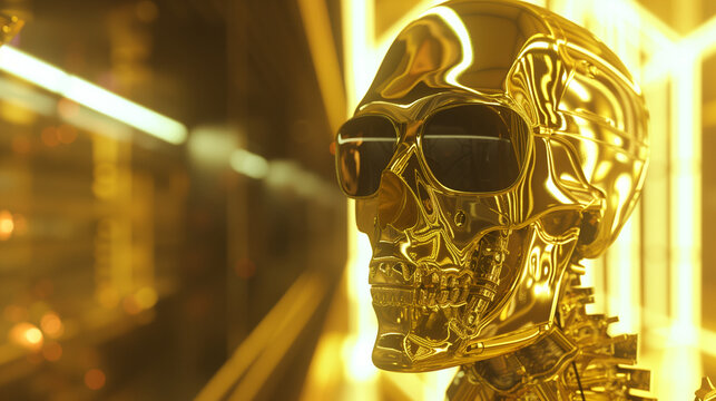 Golden robotic skull wearing sunglasses in a futuristic neon environment, evoking technology and luxury