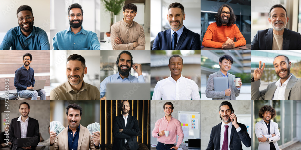 Poster A diverse group of professional men are smiling and engaging in various activities within a contemporary office environment. Some are posing confidently, while others are interacting with technology