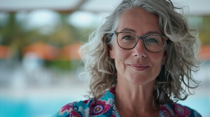 Obraz premium Middle-aged woman with a friendly expression, unwinding at a resort in comfortable attire and eyeglasses.