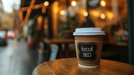 Local SEO sign on paper coffee cup on cafe table with blurred city background and bokeh, banner with copy space for text. Small business digital marketing concept.
