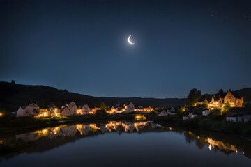 Obraz premium A bright crescent moon in a starry sky casting soft light over a quiet village, AI Generated