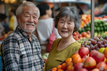 Fototapeta premium Cheerful Asian couple enjoys shopping for fresh fruits and vegetables at a vibrant market on a sunny afternoon