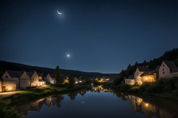 Fototapeta premium A bright crescent moon in a starry sky casting soft light over a quiet village, AI Generated