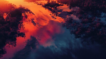 Fototapeta premium Heatmap of a river during a flood, with intense reds and oranges marking the most inundated areas and cooler blues in the surrounding regions. 4K hyperrealistic photo.