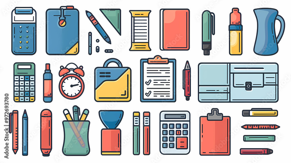 Wall mural A simple vector icon illustration depicting the group of office supply items at center for a website isolated white background 