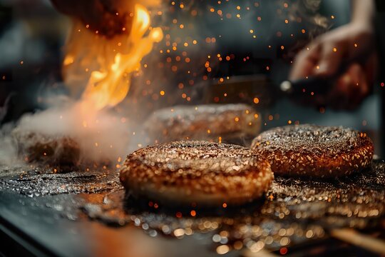 A cook flips burger buns on a griddle with flames and sparks in a bustling kitchen at dinner time