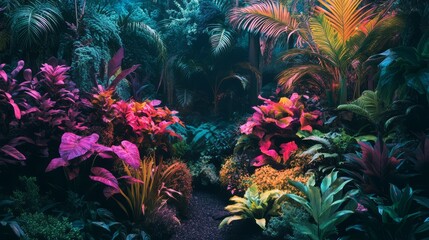 Naklejka premium Heatmap of a botanical garden, with vibrant colors showing areas of dense plant life and cooler hues in the more open spaces. 4K hyperrealistic photo.