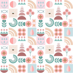 Geometric abstract pattern on summer raining theme with flowers, leaves, rainbow, sunrise. Flat style pastel color pattern for fabric, clothing, poster, postcard, wallpaper, background, cover book