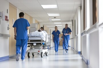 Hospital Corridor with Medical Staff and Patient on Stretcher