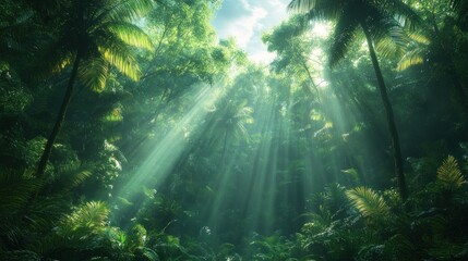Naklejka premium Lush green forest with sunlight filtering through the canopy.
