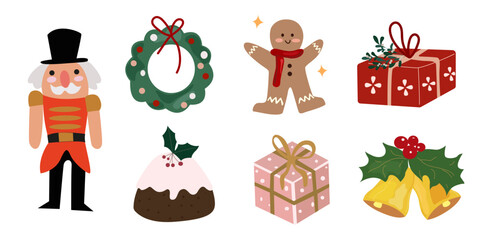 Merry Christmas and Happy New Year vector flat elements. Christmas wreath, snowman, gingerbread man, Santa Claus, Nutcracker, gifts and cupcake. Traditional Christmas tree decorations and toys