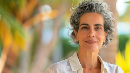 A friendly and composed middle-aged woman enjoying a quiet retreat at a scenic resort.