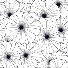 Black and White Floral Pattern of Line Art Flowers