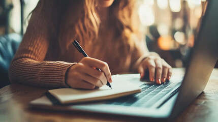 close up woman writing in book and study use laptop