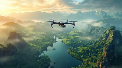 Fototapeta premium Drone flying over lush green valley, river, and distant mountains, capturing breathtaking views of untouched nature. High-tech exploration in stunning surroundings.