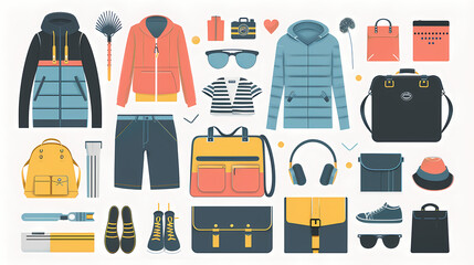 A simple vector icon illustration depicting the group of clothing and accessories items at center for a website isolated white background 