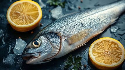 Freshly caught sea bass with lemon slices.