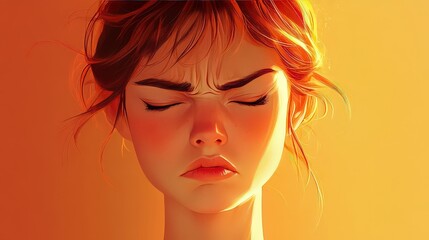 Obraz premium Young woman furrowing her brows with closed eyes, expressing frustration or intense emotion, captured in a raw, vivid moment.