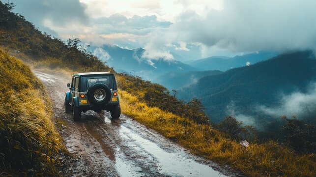 During the wet season, off-road vehicles travel along the mountain route.
