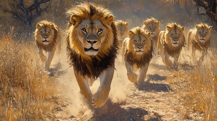 A powerful male lion strides ahead, leading a group of lions through the dry, sunlit grasslands, presenting grandeur and the essence of untamed African wildlife.