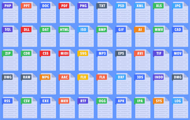 Simple and modern file extensions vector illustration flat design isolated on blue background