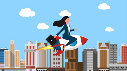 Businesswoman on Rocket Flying symbolizing Rocketing to Success, Business Growth Takes Off, Launching to New Heights of Success	
