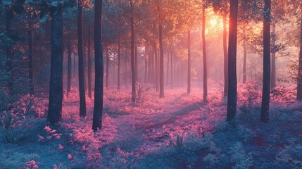 Fototapeta premium Heatmap of a forest in spring, with warmer tones showing areas of new growth and cooler hues in the still dormant parts. 4K hyperrealistic photo.