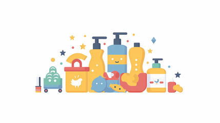 Naklejka premium A simple vector icon illustration depicting the group of baby product items at center for a website isolated white background 