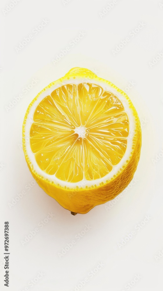 Poster Brightly colored lemon half displayed on a light background highlighting its juicy texture and vibrant color during daylight